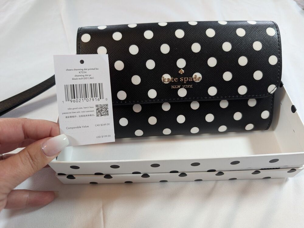 NEW in BOX Kate Spade Cheers Phone Wristlet Wallet Bag Clutch Black White Dot